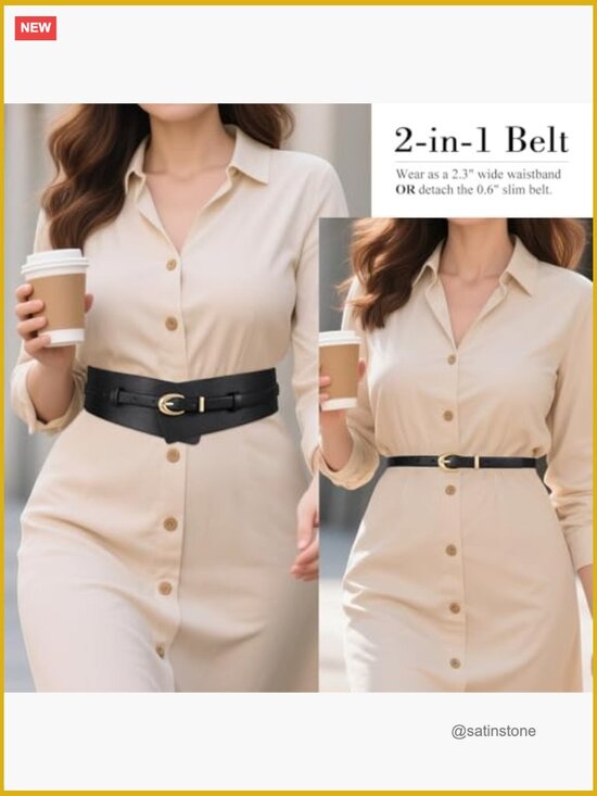 Wide PU Leather Belt with Detachable Skinny Belt for Dresses Suits main image 4